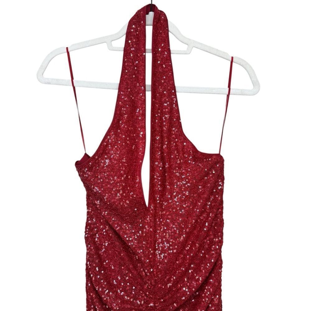 NEW Susana Monaco Red Sequin Halter Ruched Stretch Midi Dress Size Medium - Picture 6 of 10